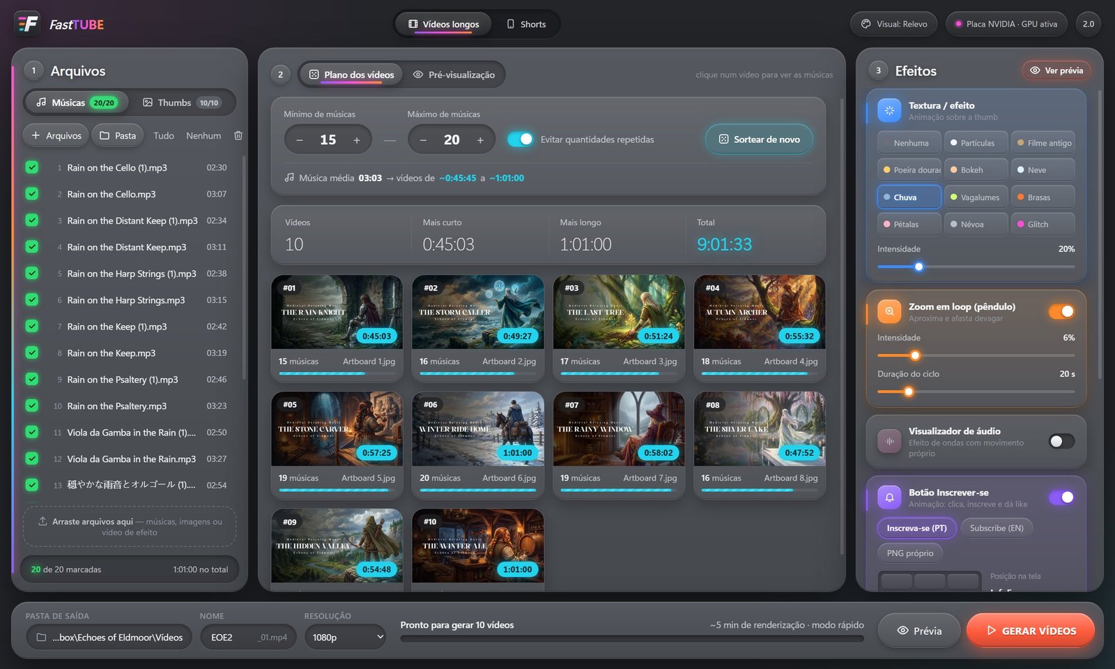 Tela do FastTUBE com a lista de músicas, o plano dos vídeos e os efeitos